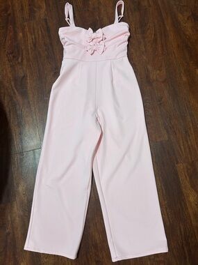 Strapless Light Pink Wide-Leg Jumpsuit with Front Bow